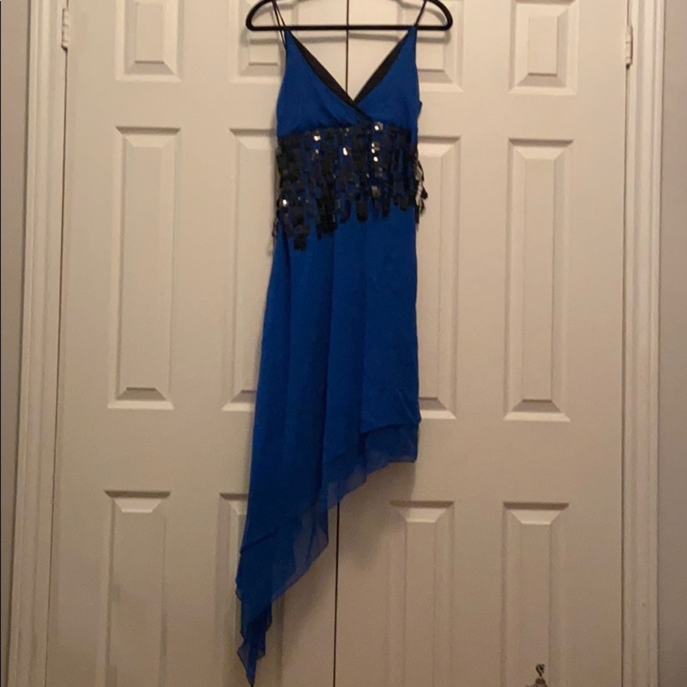 Blue evening dress with black sequin detailing